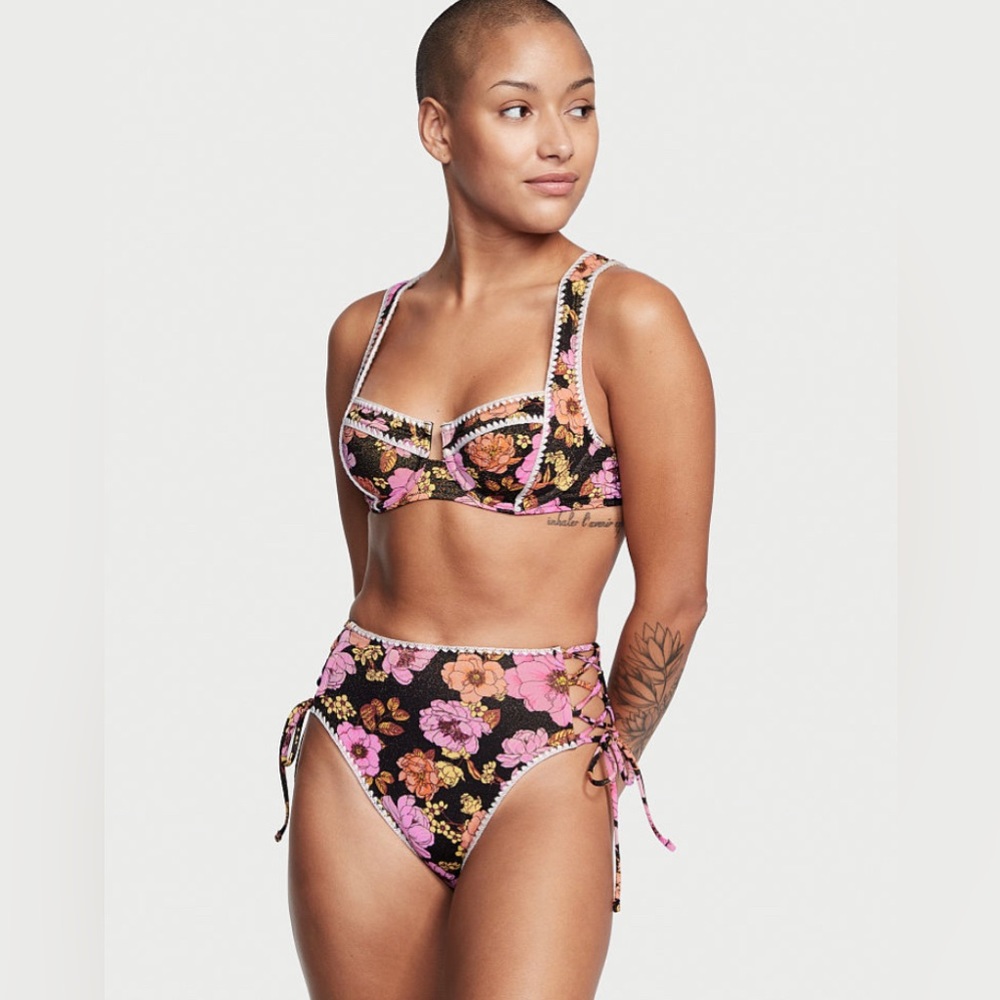Cottagecore Boho Victoria’s Secret Pink Floral Crochet Trim 2 pc Swim Set Bikini